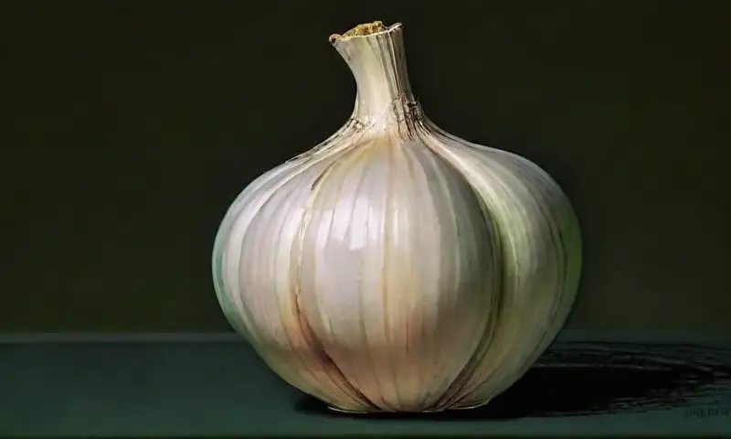 La composición presenta un bulbo de ajo con líneas definidas