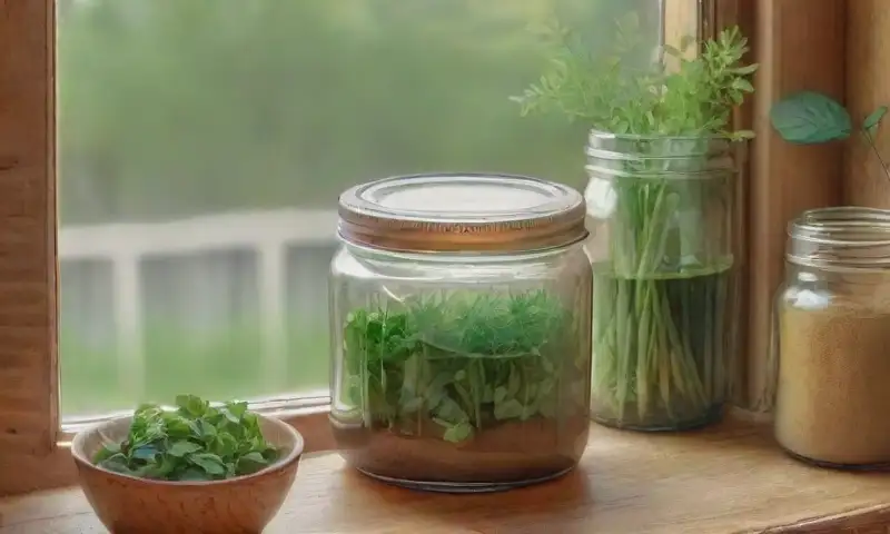 Un ambiente rústico de cocina se realza con detalles delicados y cálidos que resaltan la naturaleza y el líquido en el frasco