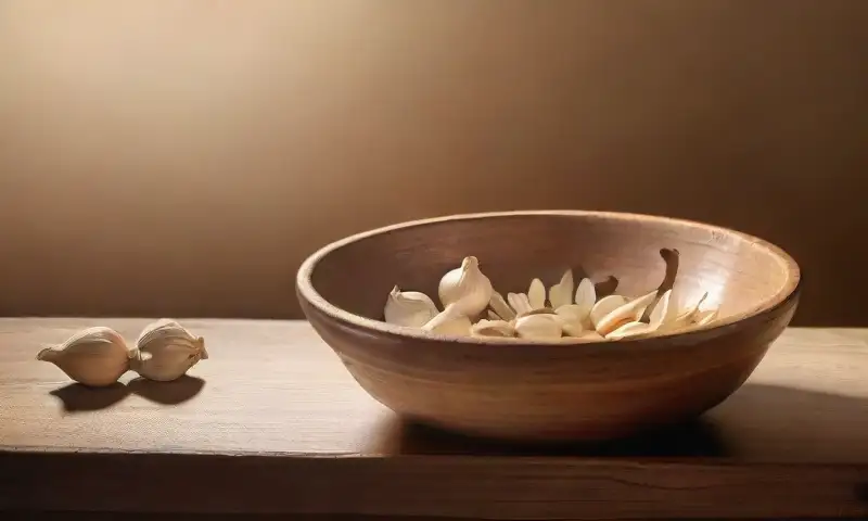 Una mesa de madera con un bol de ajos, un mortero y hierbas verdes, iluminada con luz cálida que resalta texturas y detalles