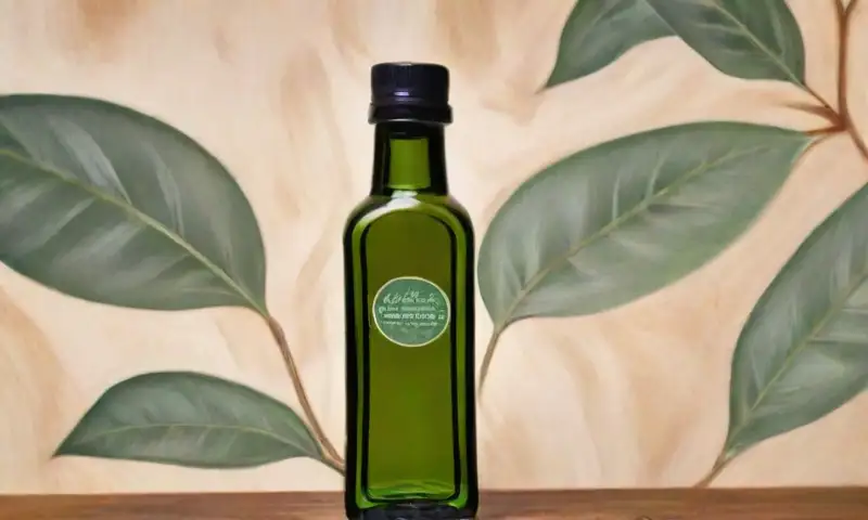 Composición armoniosa de hojas de eucalipto y una botella de aceite esencial con tonos verdes y texturas terrosas