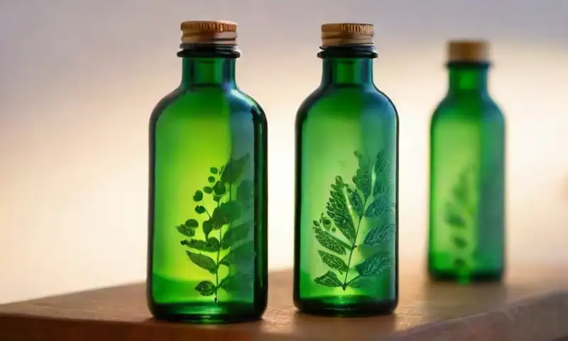 Una escena etérea de hojas de eucalipto y una botella reflejante, iluminada con suavidad y detalles naturales