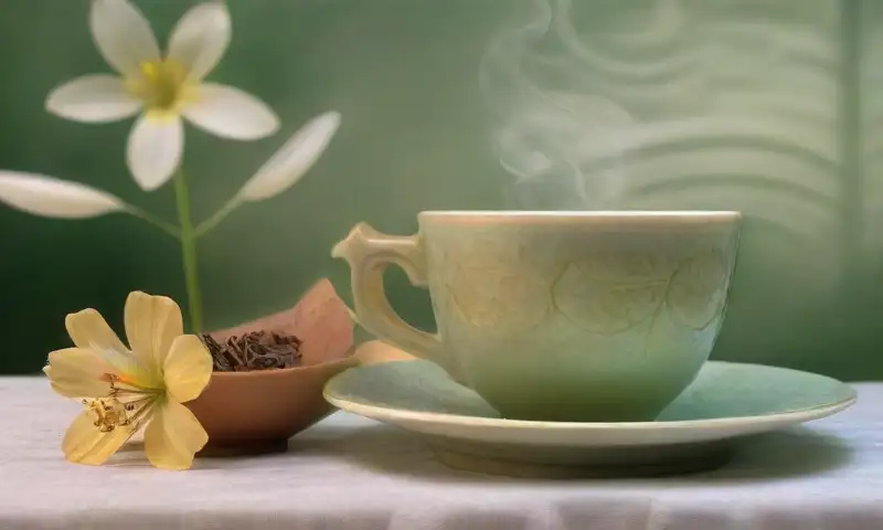 Composición armónica de flores y taza de té en tonos suaves y detalles intrincados