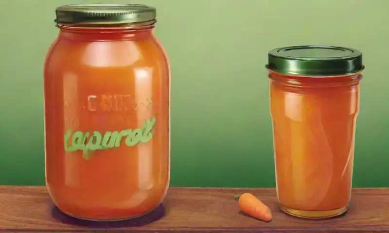 Frasco de jarabe de zanahoria naranja vibrante sobre una mesa de madera con luz suave y detalles intrincados