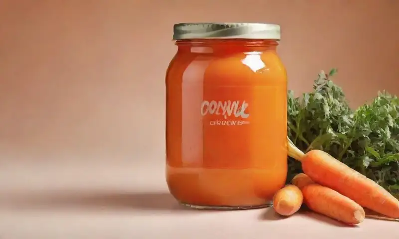 Tarro naranja vibrante de jugo de zanahoria con etiquetas delicadas y zanahorias frescas en primer plano