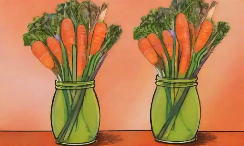 Un frasco de jarabe naranja brilla junto a zanahorias y hojas verdes en una composición fresca y saludable