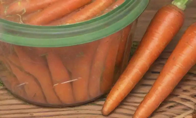 Zanahorias naranjas vibrantes en un frasco de vidrio sobre una mesa rústica, iluminadas con luz cálida