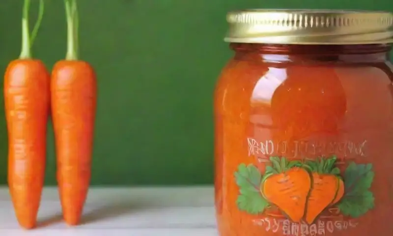 Tarro naranja de jarabe de zanahoria con hojas verdes y detalles artísticos