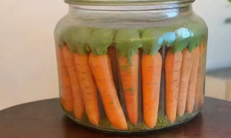 Una composición armoniosa de zanahorias naranjas y jengibre verde en un frasco de vidrio con jarabe