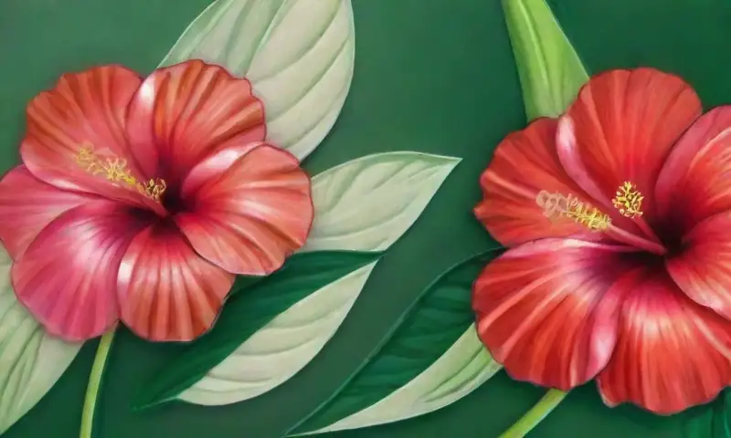 Flores de hibisco vibrantes con pétalos carmesí y hojas verdes contrastantes crean una composición armoniosa y dinámica